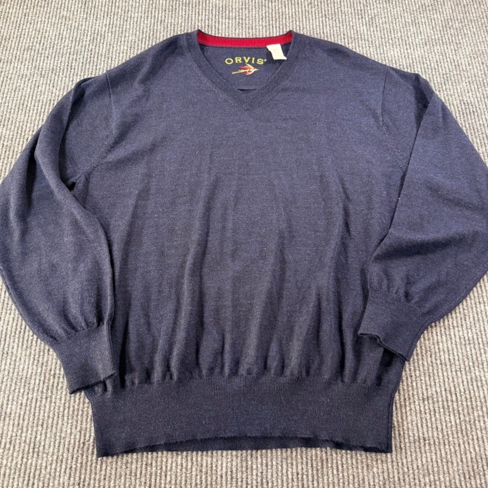 Orvis Wool Blend V-Neck Sweater Mens XL Navy Blue Embroidered Fly Logo